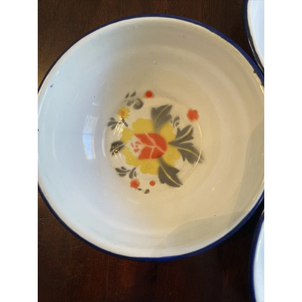 Vintage Golden Rhinoceros Enamelware Bowls Floral Shabby‎ Chic Farmhouse